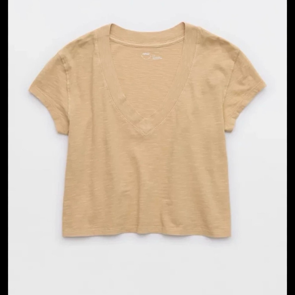 erie beige toasted color slub Vneck tshirt cropped